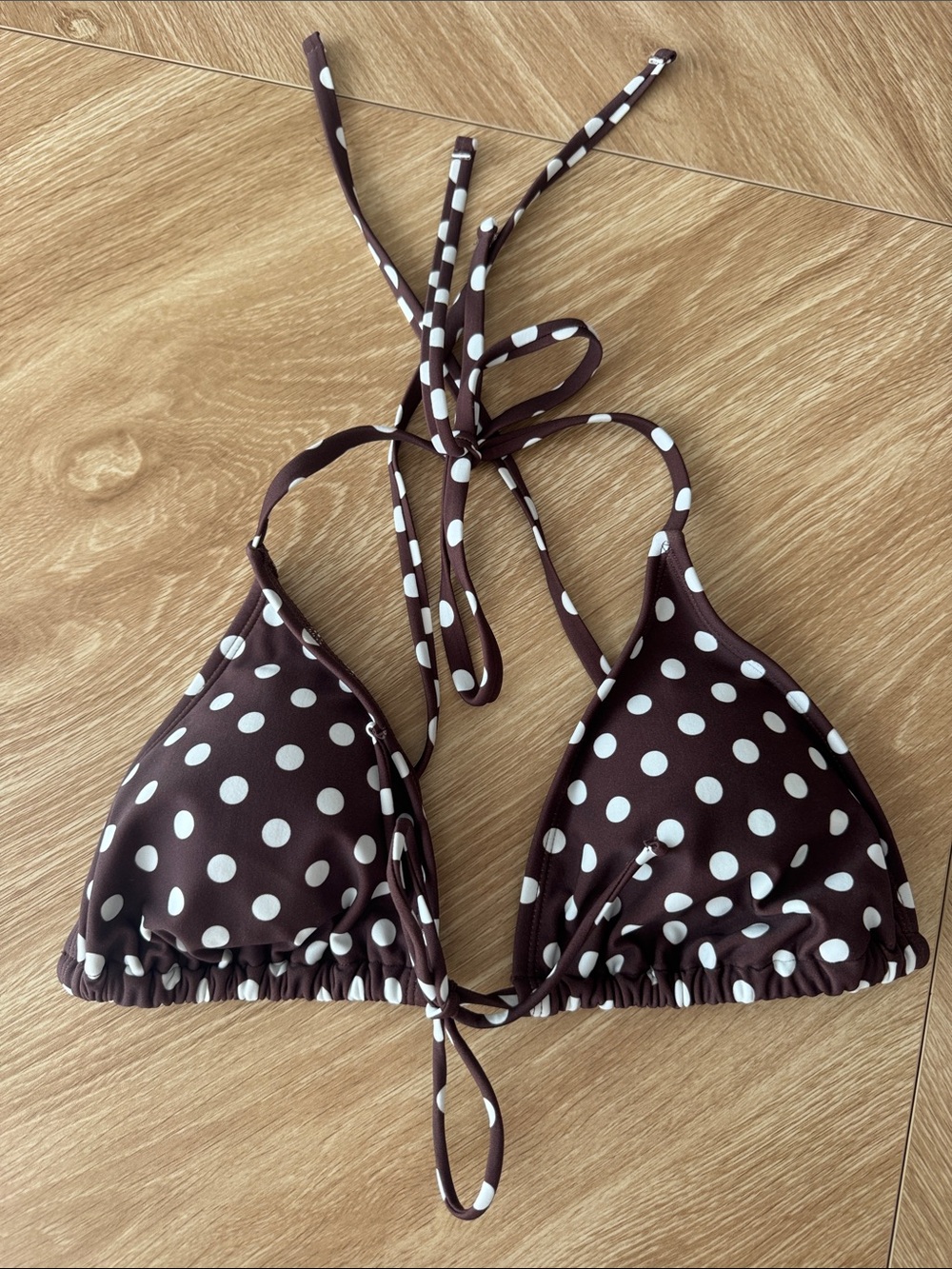 Brown and White Polka Dot Triangle Bikini Top